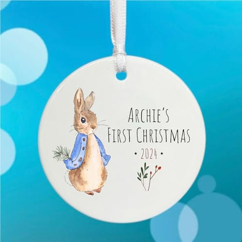 Luck and Luck Personalised Peter Rabbit 1st Christmas Bauble, Baby's First Christmas Keepsake, Porcelain Hanging Tree Decoration, Peter Rabbit Gift