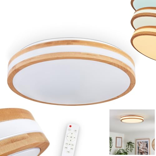 LED Deckenleuchte Sofo, dimmbare Deckenlampe aus Metall/Bambus/Kunststoff in Weiß/Natur, Leuchte im Boho-Design (Ø 40 cm), 2500 Lumen, 3000-6000 Kelvin, LED 24 Watt, inkl. Fernbedienung