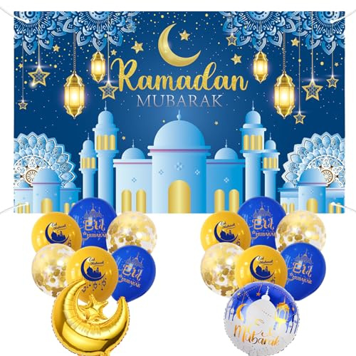 Ramadan Mubarak Hintergrund Banner mit Ramadan Sterne und Mond Balloon,Eid Mubarak Muslim Dekoration Hintergrund Kareem Banner für Ramadan Islamische Party Deko