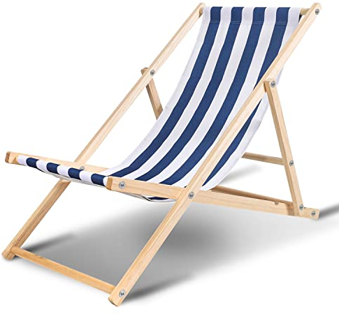 Ansobea Liegestuhl klappbar Holz,Gartenliege Klappbar 120kg max,Verstellbar Liegestuhl Garten wetterfest Sonnenliege Holz Relaxliege Garten für Camping Balkon Pool,Blaue und weiße
