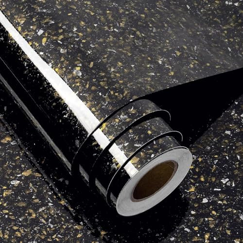 FunStick 60CM×5M Terrazzo Peel and Stick Wallpaper for Table Kitchen Splashback Black and Gold Stone Wallpaper for Walls Living Room Terrazzo Vinyl Wrap for Kitchen Worktop Cupboards Black Gold Marble