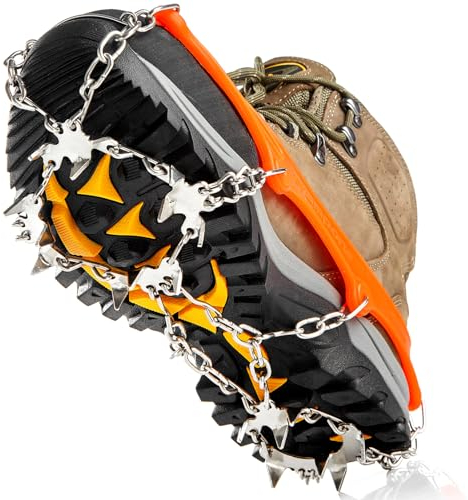 Grödel Steigeisen für Bergschuhe mit 19 Zähne Verdickte Schuhkrallen aus Edelstahl Anti-Rutsch Schuhspikes für Mann Frau Erwachsene Fit für Wandern Trail Running Trekking (Orange,L)