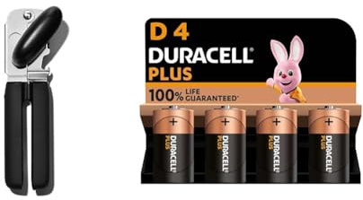 OXO Good Grips Soft Handled Tin Opener & Duracell Plus D Batteries (4 Pack) - Alkaline 1.5V - 100% Life Guaranteed