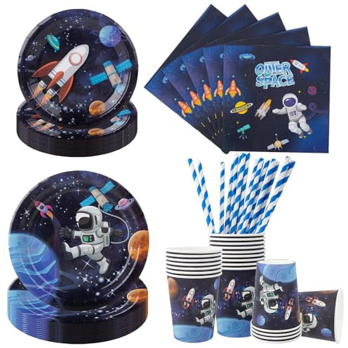 Aitsite Juego de 100 platos de fiesta espaciales, platos de fiesta de cumpleaños para 20 invitados, platos desechables de papel, servilletas, pajitas, decoración para fiestas
