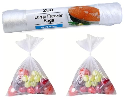 200 Large Freezer Bags - 27cm x 22cm Clear Plastic Sandwich Bags, Polythene Bags for Freezer Storage