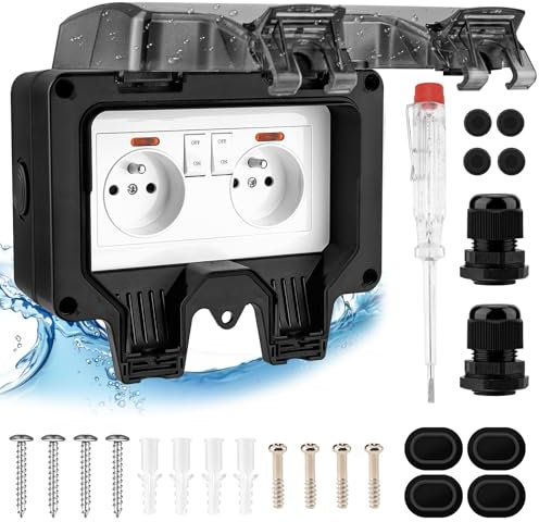 IP66 - Enchufe exterior impermeable con interruptor de indicador luminoso, doble toma estanca, enchufe estándar francés empotrado con tapa antipolvo bloqueable para cocina, cuarto de baño, garajes