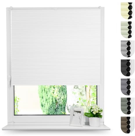 Tom'Shop Plissee Klemmfix ohne Bohren Sonnenschutz Plisseerollo Jalousie Lichtdurchlässig und Blickdicht für Fenster & Tür (WABEN Weiß B125cm x H130cm)