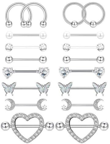 GUSXPPD 9 Paar Nippelpiercing für Damen, Edelstahl Nippel Piercing, Nippel Piercing Schmetterling Herz Barbell, Zungenpiercing Piercing Stab, Piercing Körperschmuck Set für Frauen Mädchen