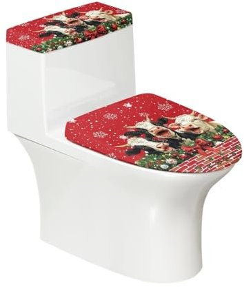 Biyejit WC-Deckel-Staubschutz-Set mit weihnachtlichem Kuh-Design, waschbar, mit elastischem Rand, schmutzabweisend, Badezimmer-Zubehör, universelle Dekoration für Zuhause, Hotel, 2 Stück