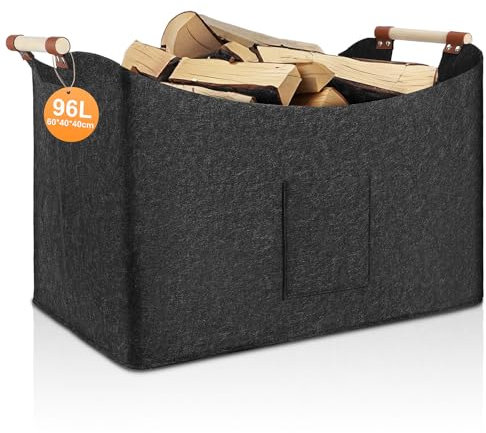 TOBWOLF 96L Foldable Firewood Basket, Log Baskets for Fireplaces, Felt Bag, 60 x 40 x 40 cm, XXXL Wood Basket with Carry Handles, Extra Thick Felt and Reinforced Handle Storage Baskets for Shopping