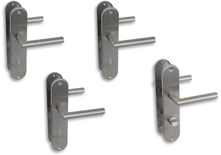 Renovierungsgarnitur Türbeschlag, Langschild im 4er Set, Edelstahl satiniert für 3 Zimmertüren mit Buntbartlochung und 1 Bad-WC-Tür, Türklinke, Türgriff