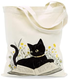 Avezano Bolsa de lona para mujeres y niñas, diseño de gato negro floral, reutilizable, estética, para compras, trabajo, viajes