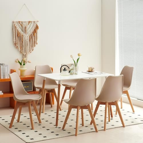 H.J WeDoo Esszimmergruppe Esstisch mit 6 Stühlen Essgrupp, Rechteckig Weiß Küchentisch und 6er Set Esszimmerstühle Sitzgruppe für Wohnzimmer Küche Büro(110x70cm Tisch+6 Khaki Stühle)