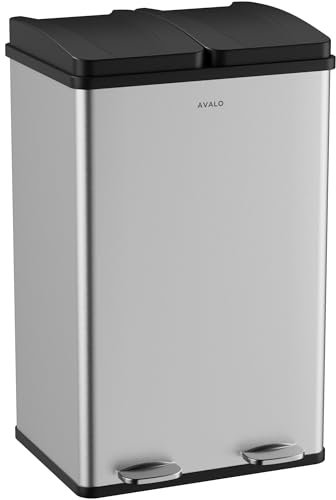 Avalo Poubelle de séparation des déchets 60 litres - Acier inoxydable argenté - 2 compartiments - Respectueux de l'environnement, hygiénique et sans traces de doigts - Poubelle à pédale/poubelle