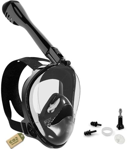 Schnorchelmaske Erwachsene Vollgesichtsmaske – CO₂ sicher Wasserdicht & Beschlagfrei Tauchmaske mit Kamera Halterung – Tauchermaske mit Tragetasche & Ohrstöpsel (schwarz, S-M)