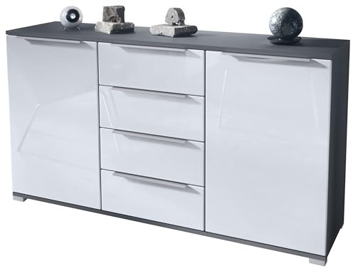 Vladon Sideboard Linio V1, Anrichte mit 2 Türen und 4 Schubladen, Anthrazit matt/Weiß Hochglanz (138,5 x 75,5 x 35 cm)