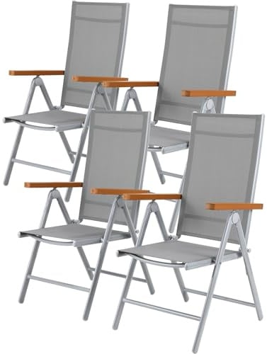 LIFERUN Gartenstühle 4er Set, Alu Gartenstuhl Hochlehner Klappbar | Balkonstuhl 7-Fach Verstellbar bis 120kg, Teakbraun WPC Armlehnen, Leicht Campingstühle, Komfortabel Wetterfest, Silber Grau