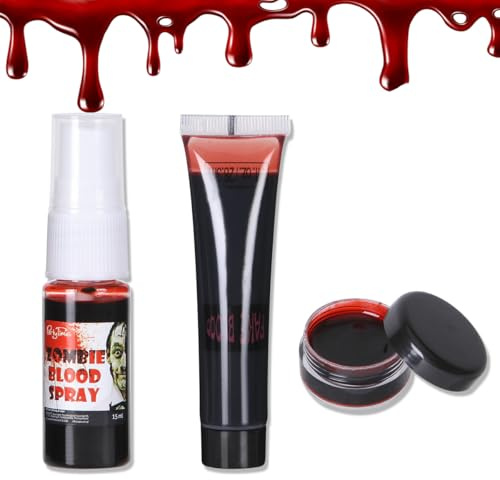 Miss Demi 3PCS Halloween Fake Blood Makeup Kit, Includes Fake Blood Spray,Dripping Blood and Coagulated Gel Blood, Washable Artifical Blood Makeup For Clothes,Cosplay and Special Effects. (3 in 1 Kit)