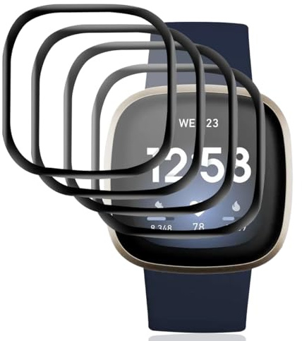 Gelaasso 4 Stück Displayschutz für Fitbit Versa 3 /Fitbit Sense Schutzfolie | 3D Vollständige Abdeckung, Anti-Kratz Displayschutzfolie, HD klar, Berührungsempfindlich, Blasenfrei, Kompatibel mit Hülle