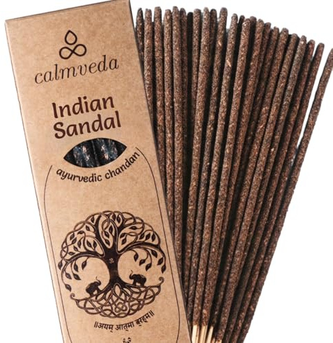 CALMVEDA Räucherstäbchen Sandelholz Bio Qualität - (24+ Duftstäbchen, 22,9 cm lang) Dicke Indische Sandalwood Incense | Räucherstäbchen Meditation für Entspannung