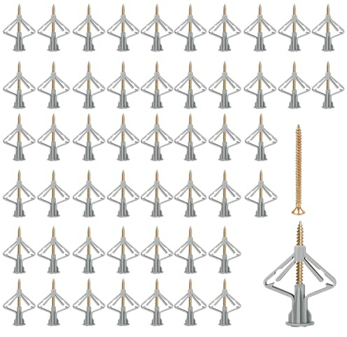 Plasterboard Wall Plugs and Screws Set, 100Pcs Plasterboard Fixings Heavy Duty Anti-Rotational Expansion Tube Plaster Board Wall Plug Screws, Plugs Assorted for Drywall Cavity