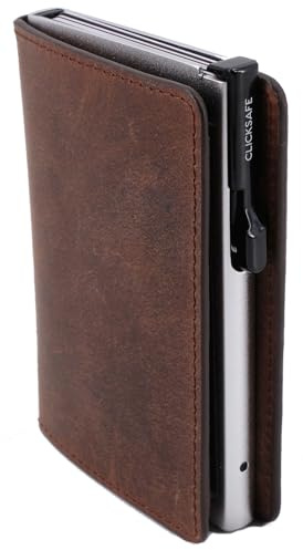 ClickSafe 976305 Kreditkarten-Börse Slim, braunes Hunter-Leder, Kartenhalter Aluminium Silber, 6 Karten, Click-System, Etui mit Schein- und Kreditkartenfach, RFID, 9,5 x 6,5 x 1,5 cm, Braun