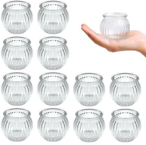 12 Piezas Portavelas de Cristal Transparente, Porta Velas Cristal, Tipo Calabaza Portavelas Decoracion, Pequeños Vasos para Velas, para Bodas, San Valentín, Navidad, Cumpleaños (Transparencia)