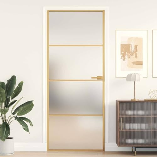 Porta interna sottile, dorata, 83 x 201,5 cm, con vetro temperato e telaio in alluminio, vetro opaco per la privacy, con maniglia e materiale di fissaggio, compatibile con telaio in legno