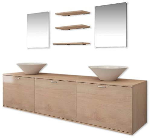 mtlskopl 8-TLG. Badmöbel Set Beige - Doppelwaschtisch mit 180 cm Waschtisch-Unterschrank, 2 Keramik Aufsatzwaschbecken, 2 Spiegeln und 3 Regalen, Badezimmermöbel Set für Wandmontage