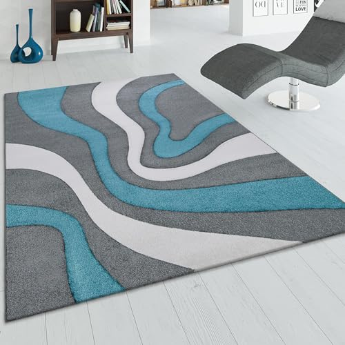 Paco Home Designer Teppich Modern Abstrakt Wellen Optik Konturenschnitt In Versch. Farben und Größen, Grösse:60x110 cm, Farbe:Türkis