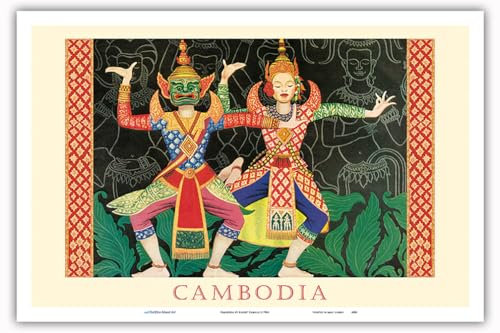 Pacifica Island Art - Kambodscha - Khmer Tänzer - Angkor Wat Tempelanlage - Retro Weltreise Plakat von Albert Camille c.1946 - Kunstdruck 31 x 46 cm