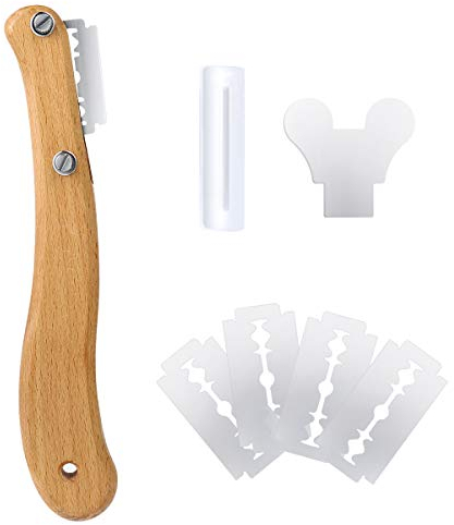 HEMOTON Brotschneider Mit Holzgriff Und Edelstahlklingen 5 Austauschbare Rasierklingen Präziser Kuchenschneider Für Brot Baguette Und Laibkuchen