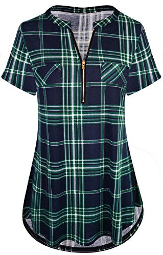 Odosalii Ladies Short Sleeve Blouses Checked Shirts Casual Dressy Tops