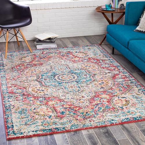 Livabliss Rabat Vintage - Area s Living Room 160x230 cm, Dining Floor, Kitchen, Traditional Multicoloured Boho Style, Easy Care Pile, Bohemian Large, Pink, Blue, Yellow, Cream