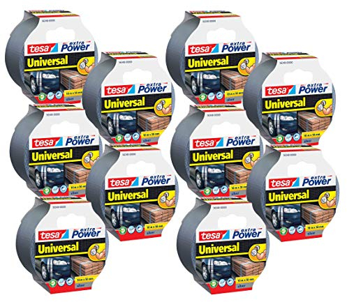 tesa extra Power Universal Gewebeband - Gewebeverstärktes Ductape - Grau - 10 m x 50 mm (10x Silber)