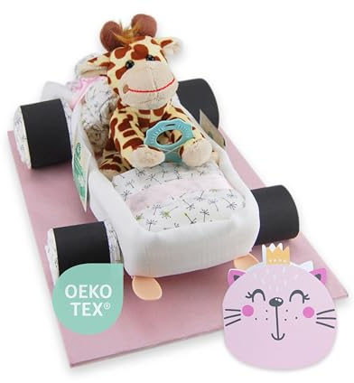 Windeltorte ® Windelauto für Jungen & Mädchen in Blau & Rosa | Windelkuchen/Windelgeschenk - 14 LILLYDOO Windeln | Stofftier - Geschenk zur Geburt | Geschenk Babyparty | Kuscheltier (Rosa/Mädchen)