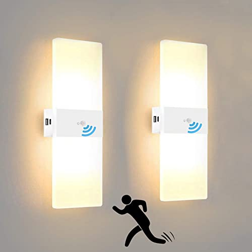 Aplique Pared a Pilas Interior LED con Sensor de Movimiento, 2,8w USB Recargable LED Lámpara de Pared sin Cable con Interruptor, 2000Mah Batería Acrílico Luz Lámpara Pasillo, Blanco, 3000K