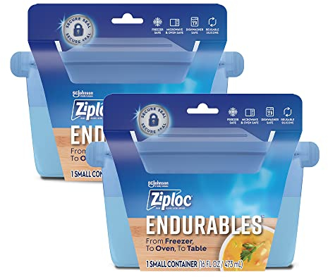 Ziploc Endurables Small Container, 2 Cups, Reusable Silicone Bags and Food Storage Meal Prep Containers for Freezer, Oven, and Microwave, Dishwasher Safe, 2 Pack