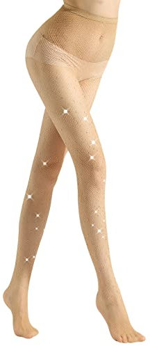 WOOKIT Medias de Rejilla Sexy para Mujer con Pedrería, Estiramiento de Cintura Alta Medias de Malla Pantimedias Brillantes por Club Nocturno Fiesta Disco Bar-Color Carne-1 par