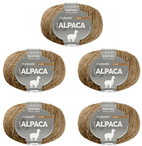 myboshi Alpaca-Wolle zum Häkeln/Stricken, temperaturregulierend, angenehm weich, für Damenoberbekleidung, Braun (Ocker), 5 Knäuel