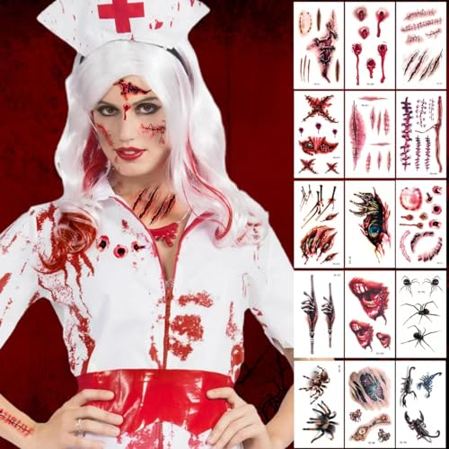 Halloween Tattoo Narben Zombie Schminke Erwachsene Kinder Fake Tattoos Wunden Halloween Make Up, Wasserdicht Vampir Temporäre Tattoos Halloween Deko Horror Aufkleber Gesicht Cosplay Kostüm Accessoires