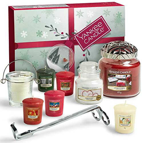 YANKEE CANDLE Juego de regalo con 8 velas perfumadas, soporte votivo, recortador de mecha y decoración de vela con tapa Illuma- Juego de velas de 11 piezas