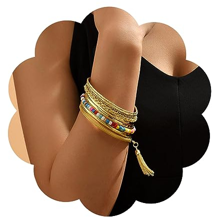 Yienate Boho Gold Armreif Armband Set Farbe Perle Quasten Multi Armreif Set Indische Hochzeit Punkte Strass Armreif Indischen Bollywood Vintage Armreif Große Runde Stapeln Armband Schmuck Für Damen