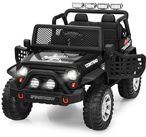 GYMAX Kids Ride on Car, 12V Battery Powered Car with Remote Control, Lights, Music, Radio, Horn, Safety Belt, Spring Suspension & Slow Start, Children Electric Truck for Boys Girls (Black)