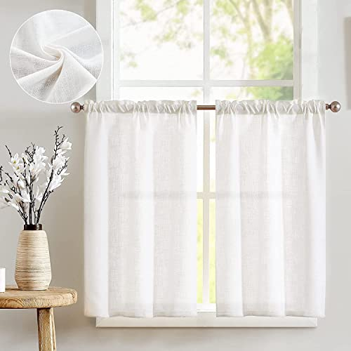TOPICK Scheibengardinen Weiß Leinenmischung Bistrogardine für Wohnzimmer Küche Kleine Fenster Halbtransparent Lichtfilterung Kurz Gardinen Moderne Landhaus Scheibengardinen Tunnelzug 2er Set 65x90 cm