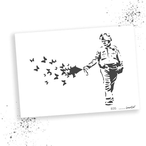 LaserCad Schablonen BANKSY Streetart (B035, Cop Spraying Butterflies Graffiti, DIN A2) Stencil für Graffiti, Airbrush, Kunst, Deko, zum Malen