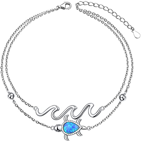 Flyow Bracelets de cheville pour femme en argent sterling 925, opale bleue, tortues de mer, vagues, pied réglable, bracelet de cheville, bijoux océan, 9, 10, 11 pouces
