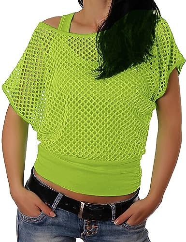 ELFIN Damen Netzshirt Netztop Netzhemd 80er Jahre Outfits Karneval Fasching Motto Party Tops Netzoberteil Sommertops, Neongrün, XL
