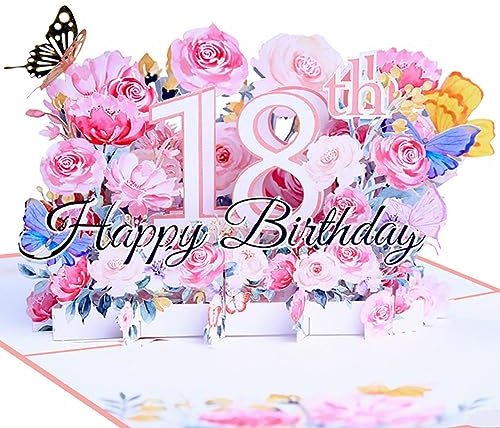 Geburtstagskarte zum 18. 3d blume pop up geburtstag karte Grußkarten Geschenk-Karte mit Umschlag Happy Birthday Greeting Card für achtzehn 18 jahre mädchen, Freundin, Freunden, Familie girl (Rosa)
