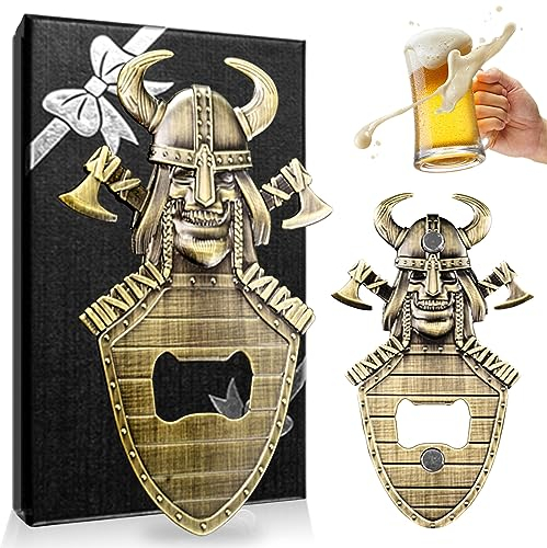 LUCYLANKER Magnetic Skull Bottle Opener, Vintage Viking Beer Opener, Unique Shield Bottle Opener, Beer Gifts for Men, Birthday, Father's Day and Halloween Ideas Gifts with Gift Box (Bronze)